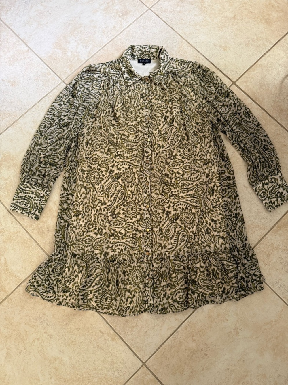 1. State Olive Green and Cream Paisley Shirt Dress